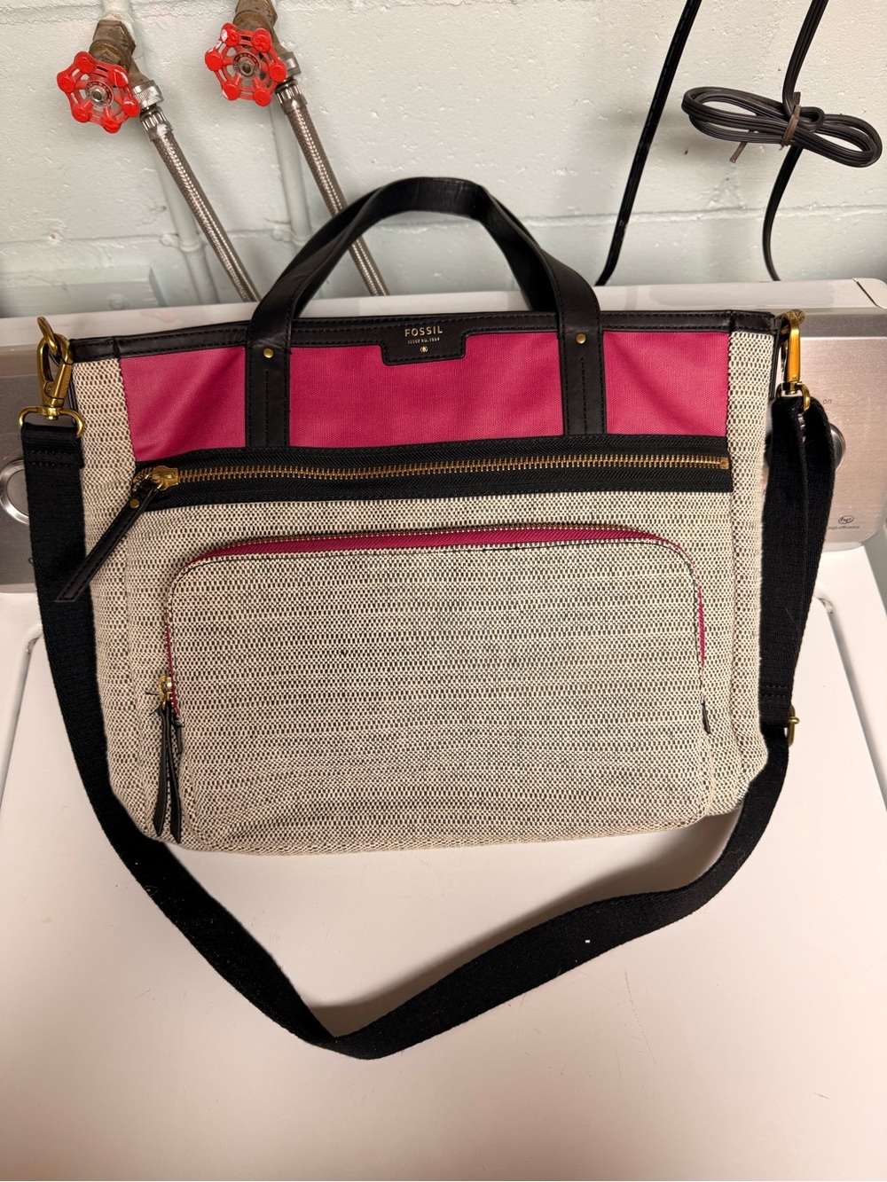 Fossil Pink and Cream Canvas Shoulder Tote with Black Trim